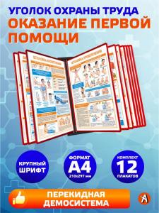 Уголок "Оказание первой помощи" с плакатами А4 в демосистеме на 10 рамок.